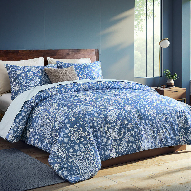 Ensemble d'édredon en coton à motif cachemire bleu 3 pièces Grand ensemble de literie 100% coton respirant très doux imprimé floral rétro Boho Chic