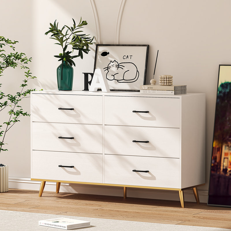Commode 6 tiroirs Teddy, commode large 52,37 po, commode en tissu et bois facile à tirer, Blanc