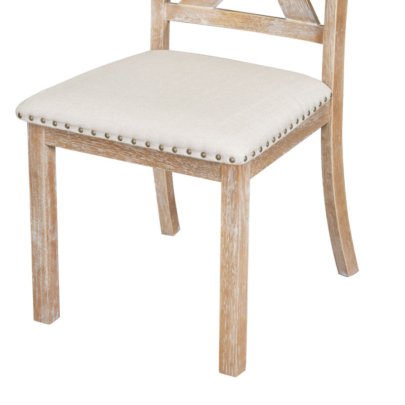 6-Piece Farmhouse 82" Extendable Dining Table Set with Footrest, 4 Upholstered Chairs, Bench, and Two Removable Leaves – Natural Wood & Beige Cushions