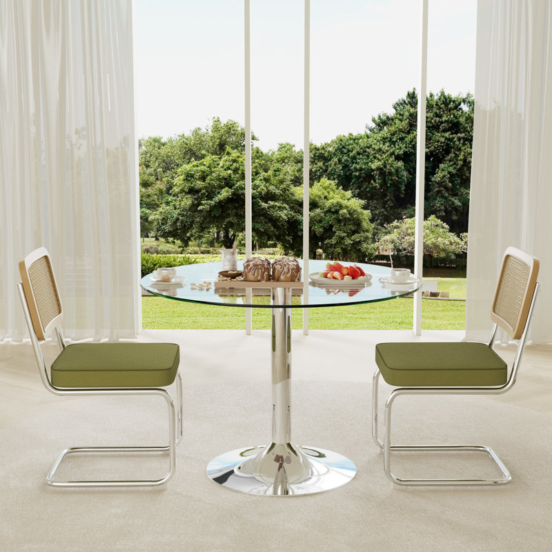 3-Piece Round Glass Dining Table Set, Green, 29.5" H x 39.7" L x 39.7" W