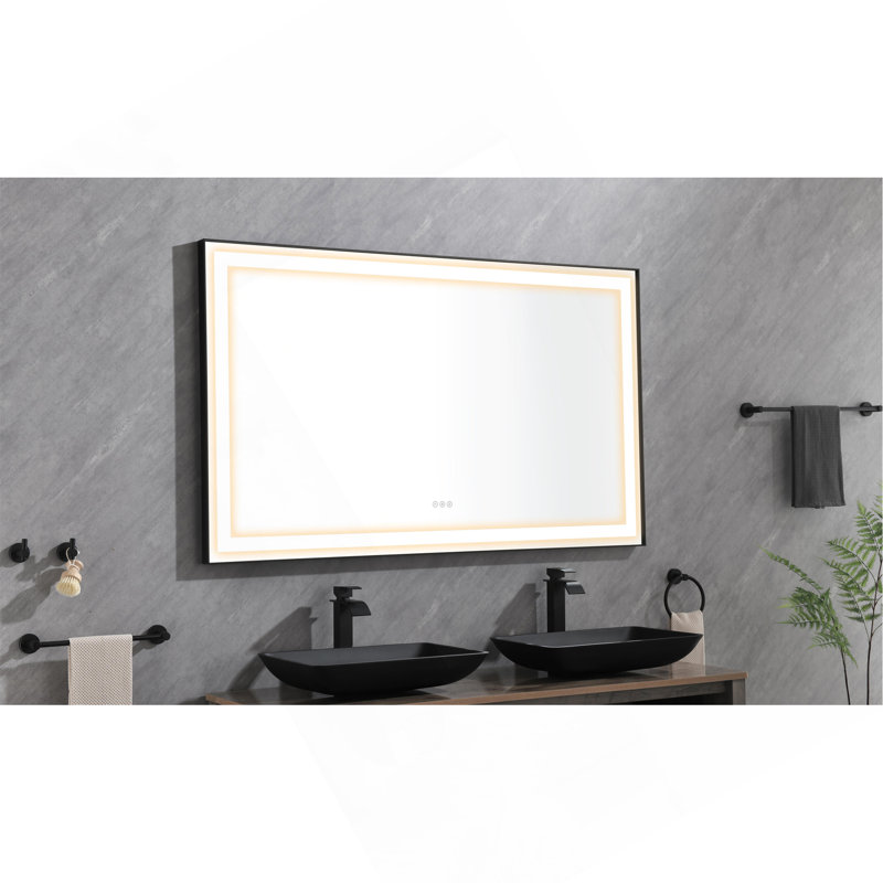96In. W X36 In. H Framed LED Single Bathroom Vanity Mirror In Polished Crystal  Bathroom Vanity LED Mirror With 3 Color Lights Mirror For Bathroom Wall