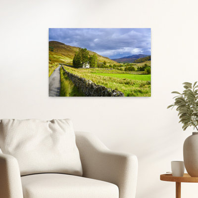 Stone Wall Along Road With Croick Church In The Background, Croick, Forsinard, Sutherland, Highlands, Scotland Abstract Contemporary Architecture L...