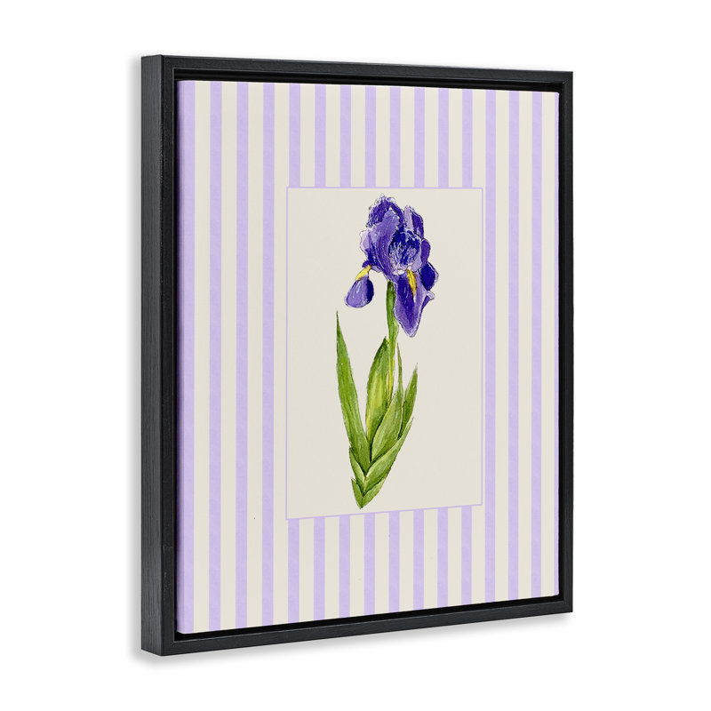 Cadre flottant mauve à rayures et iris, design par Lisa Wehmeyer, Cadre flottant noir de jais, H 21 po x l 17 po