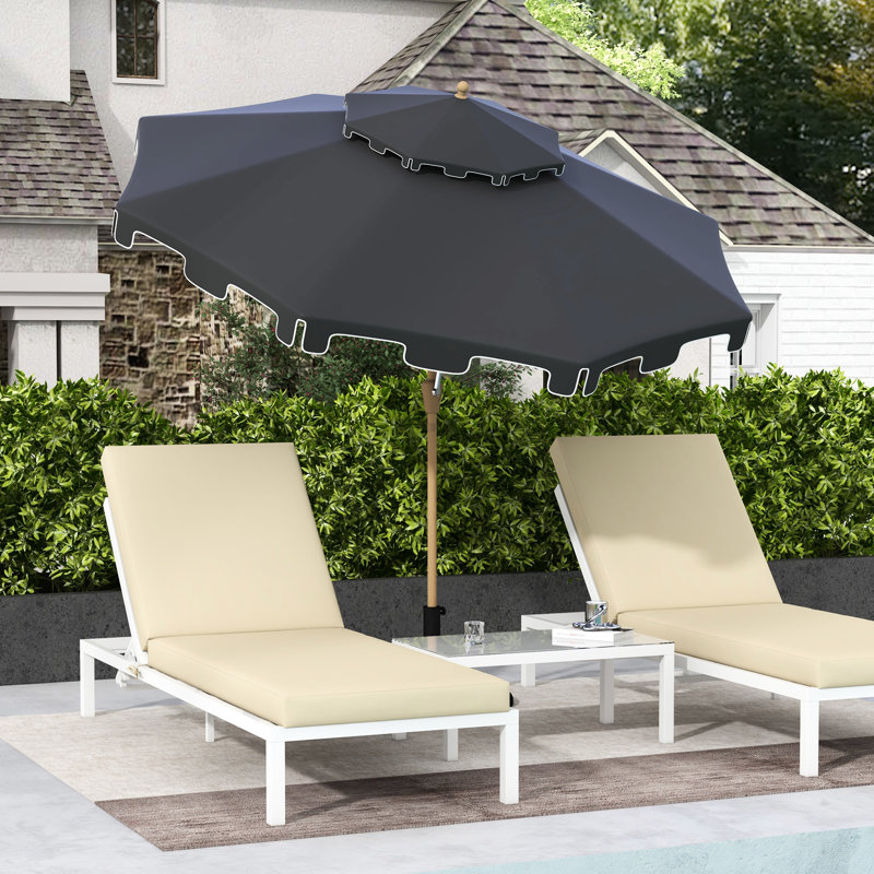Parasol de patio de 9 pi - Inclinaison et manivelle à double plateau réglable à volants pour espaces de terrasse Parasol gris foncé, avec 8 nervures, piscine à bouton-poussoir robuste