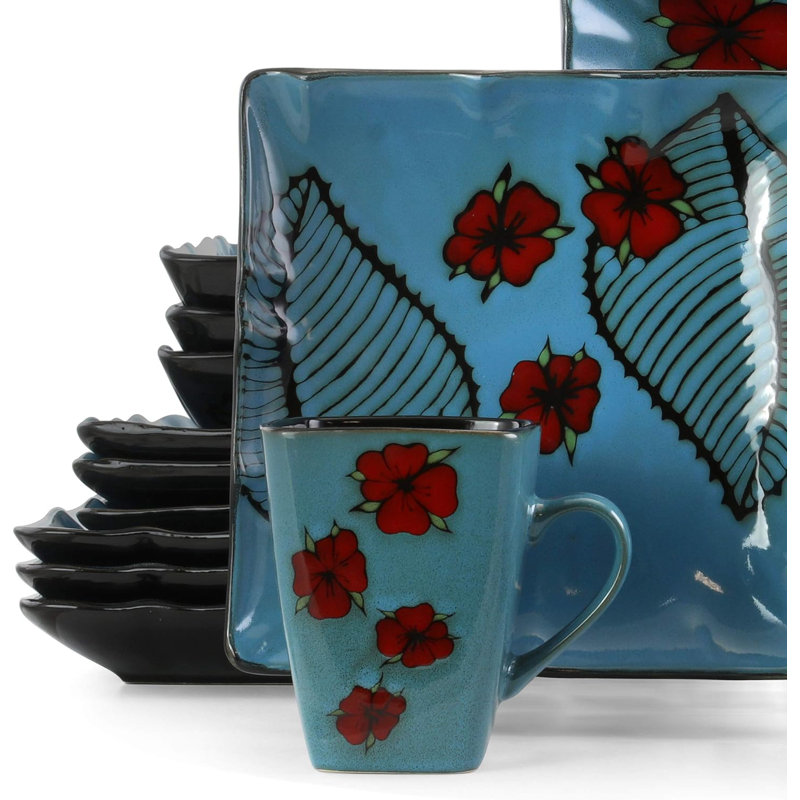 Elama Aloha Tide 16 Piece Luxurious Stoneware Dinnerware With Complete Setting For 4