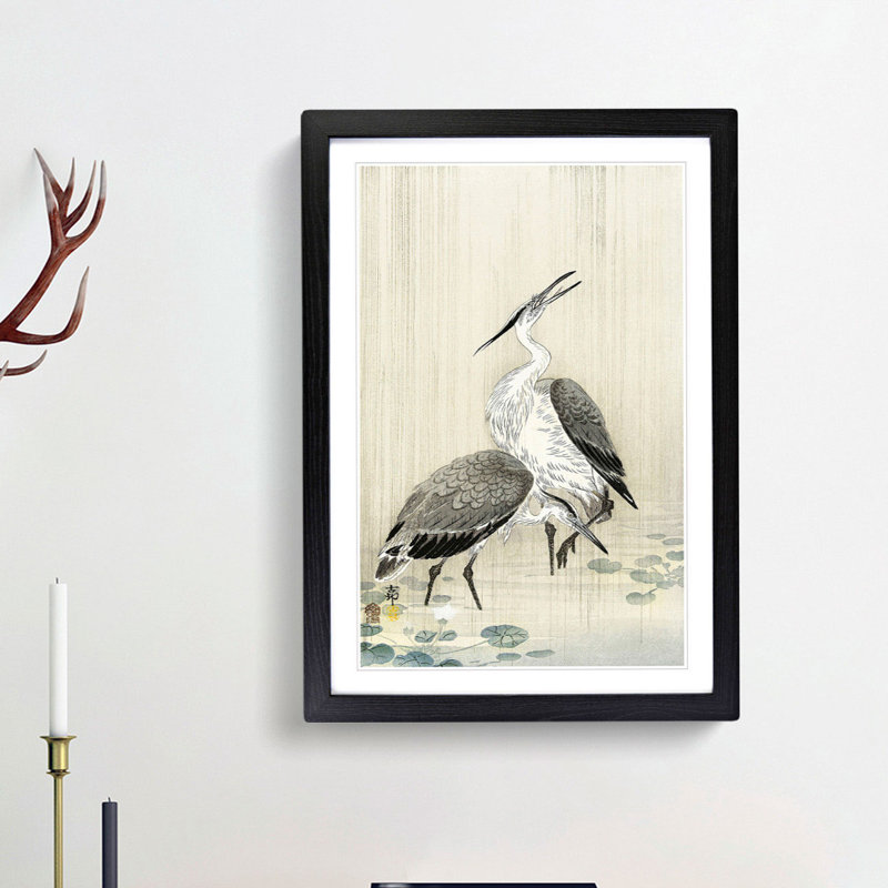 Two Herons in the Rain by Ohara Koson - Picture Frame Painting Print, Black Framed, 36cm H x 27cm W x 2cm D
