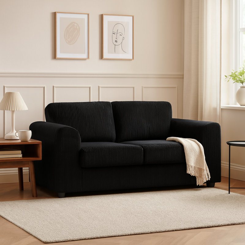 Corduroy Sofa, Black, 75cm H x 165cm W x 90cm D