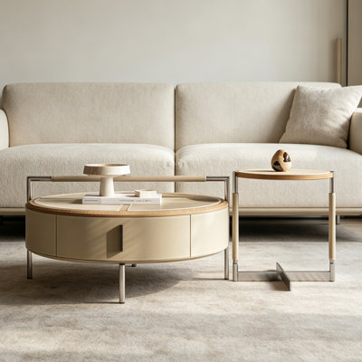 Italian round saddle leather coffee table set