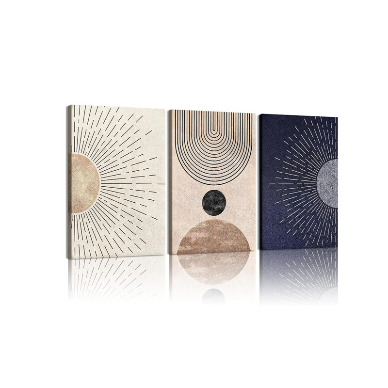 3 Piece Abstract Sun And Moon Wall Art Boho Sunburst Framed Print Painting Modern Geometric Celestia Poster Neutral Tone Mid Century Wall Decor For Living Room Bedroom Office