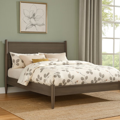 Lit plateforme très grand de style Mid-Century moderne en gris, pieds fuselés, structure, ensemble de lattes, sans sommier, attrait pour chambre à coucher en bois gris avec motif, ronde essentielle