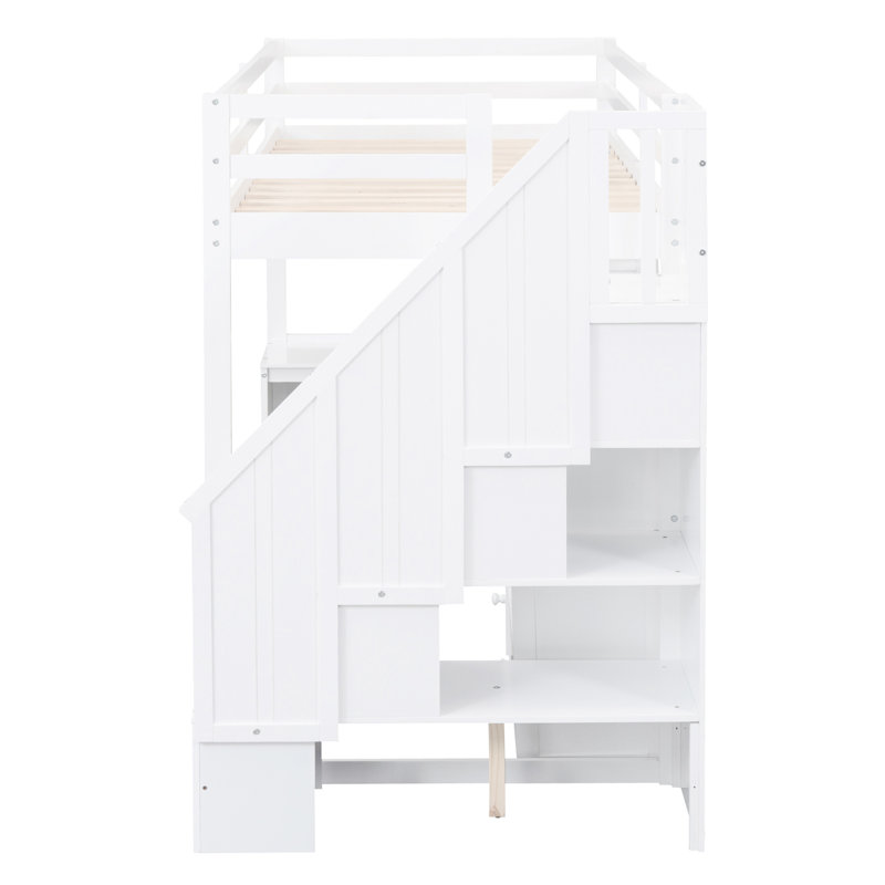 Lit mezzanine simple à faible encombrement avec bureau en L, tiroirs, armoire et escalier de rangement - Armoire à finition blanche et design élégant