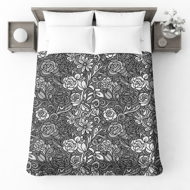Black Floral Quilted Thin Bedspread, King