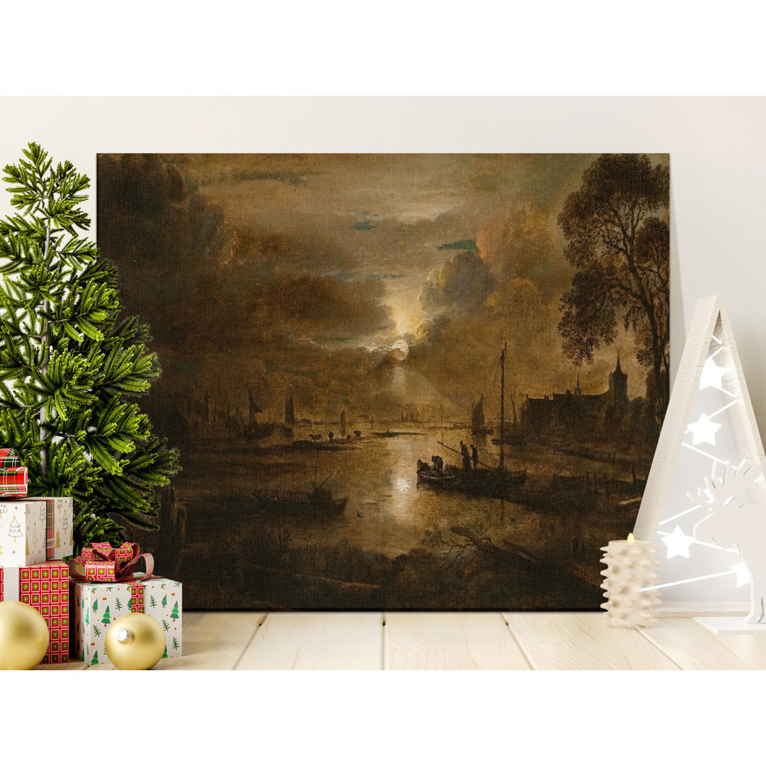 Nocturnal River Scene Canvas Wall Art, Gallery Wrapped, Ready to Hang, Dutch Golden Age Inspired, Archival Quality Art Print