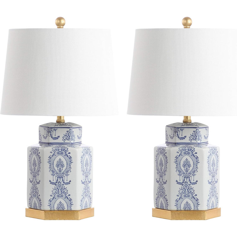 Bodin Blue and White Ceramic Table Lamp Set with Gold Leaf Finish