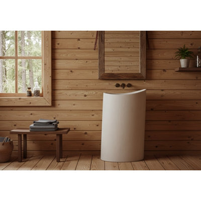 Vast Studio 33.9" Tall Bone One-Piece Freestanding Pedestal Bathroom Sink – Modern Curved Basin Bathroom Sink Design for Luxury Bathroom, Durable Handmade Matte Finish