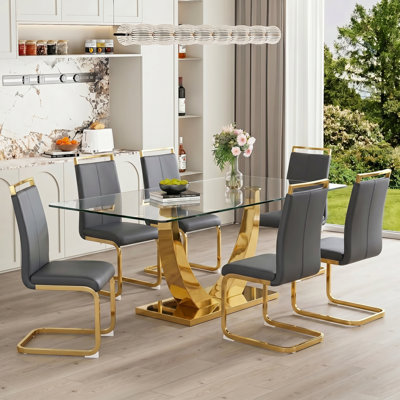 5-Piece Modern Rectangular Glass Top Dining Set with Pedestal Base and Faux Leather Cantilever Chairs