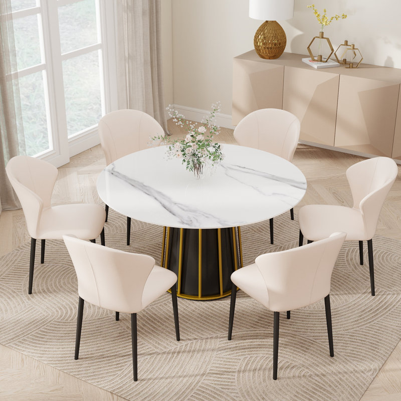 Ensemble de table de salle à manger 7 pièces avec 6 chaises en cuir PU, H 29,53 po x l 53,14 po x P 53,14 po, Blanc