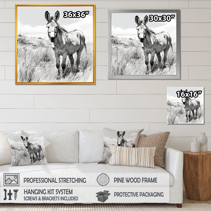 «Black and White Donkey Meadow Journey», art mural âne, Cadre flottant blanc, H 30 po x l 30 po x P 1,5 po