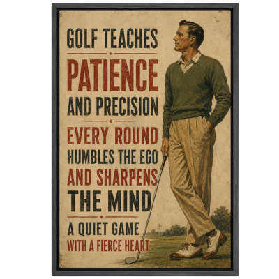 Golf Patience and Precision Vintage Golfer Motivational Artwork, Office Pictures, Framed Canvas Giclee Print Wall Art