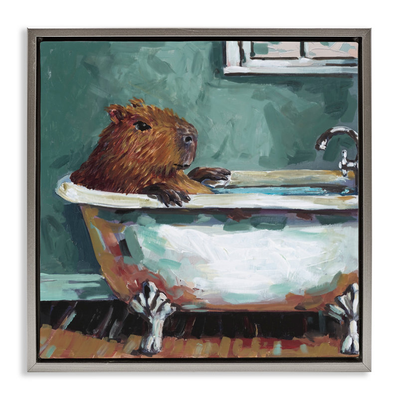 Cadre flottant Capybara dans un bain moussant, design Studio Bautista, Cadre flottant gris lustré, H 18 po x l 18 po