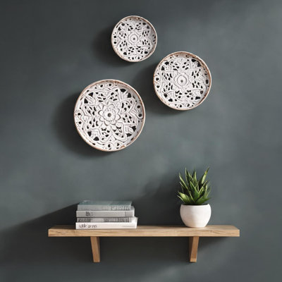 Ensemble de médaillons floraux muraux d'intérieur, en bois massif sculpté, diamètre 35 cm (13,75 pouces), fini blanc vieilli