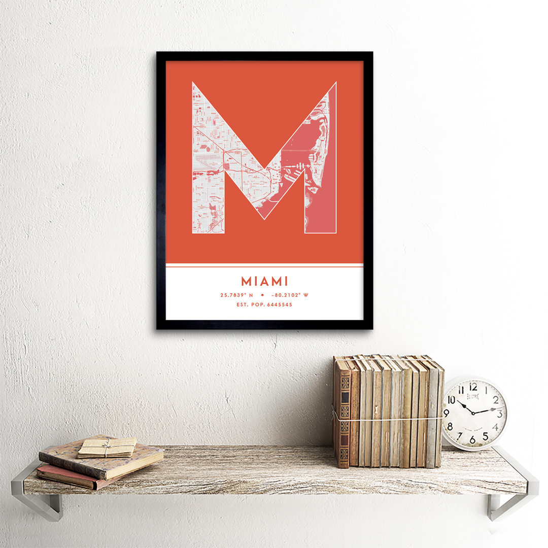 Miami City Map Miami Orange by Wee Blue Coo - Single Picture Frame Typography