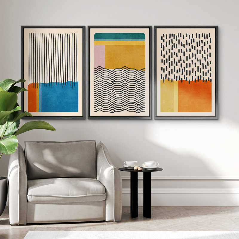 Abstract Vibrant Color Blocks " Mid-century Modern Multicolor Block Colorful Framed Abstract Geometric Canvas Print Wall Art " 3 - Pieces