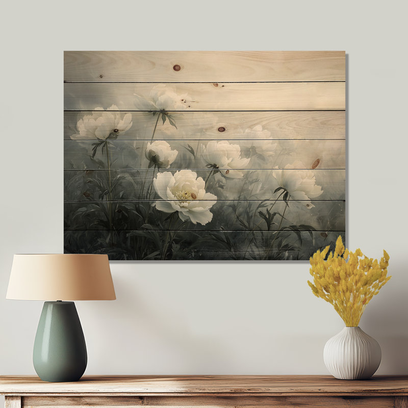 Pivoines dans la brume de la prairie - Décoration murale en bois de pivoines - sur bois de pin naturel