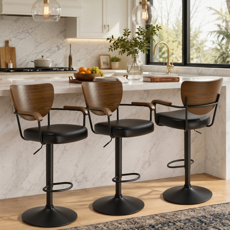 Tabourets de bar Kissena pivotants à 360°, ensemble de 3, tabourets de comptoir rembourrés de style moderne du milieu du siècle, hauteur réglable et dossier en bois
