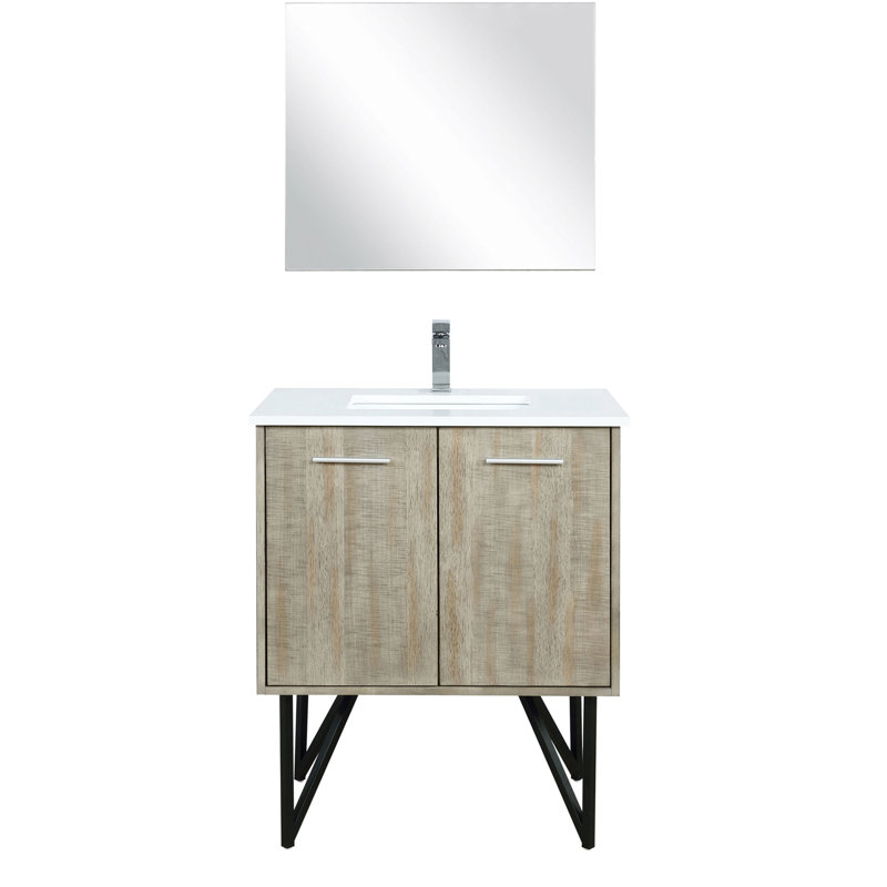 Rustique 30 po W Meuble-lavabo avec comptoir en quartz blanc, robinet et miroir à contrôle tactile de 28 po de large pour comptoir, armoire à pharmacie