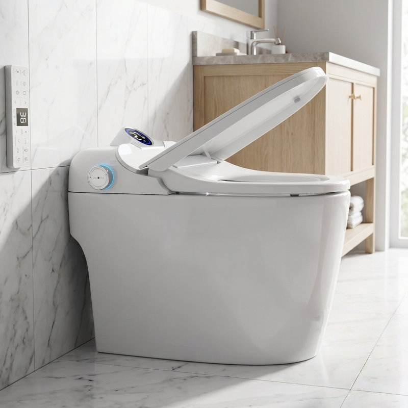 Toilette intelligente une pièce avec capteur de pied, couvercle et siège à ouverture automatique, chasse d'eau à jet Siphon 1,28 GPF, siège chauffant, affichage à DEL, télécommande, lavage arrière et femelle