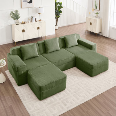 Canapé modulaire modulaire à 3 places en forme de U sans os, canapé modulaire Cloud avec assise profonde, canapé modulaire moderne à 3 places avec coussins décoratifs et 2 repose-pieds mobiles, tissu velours côtelé vert