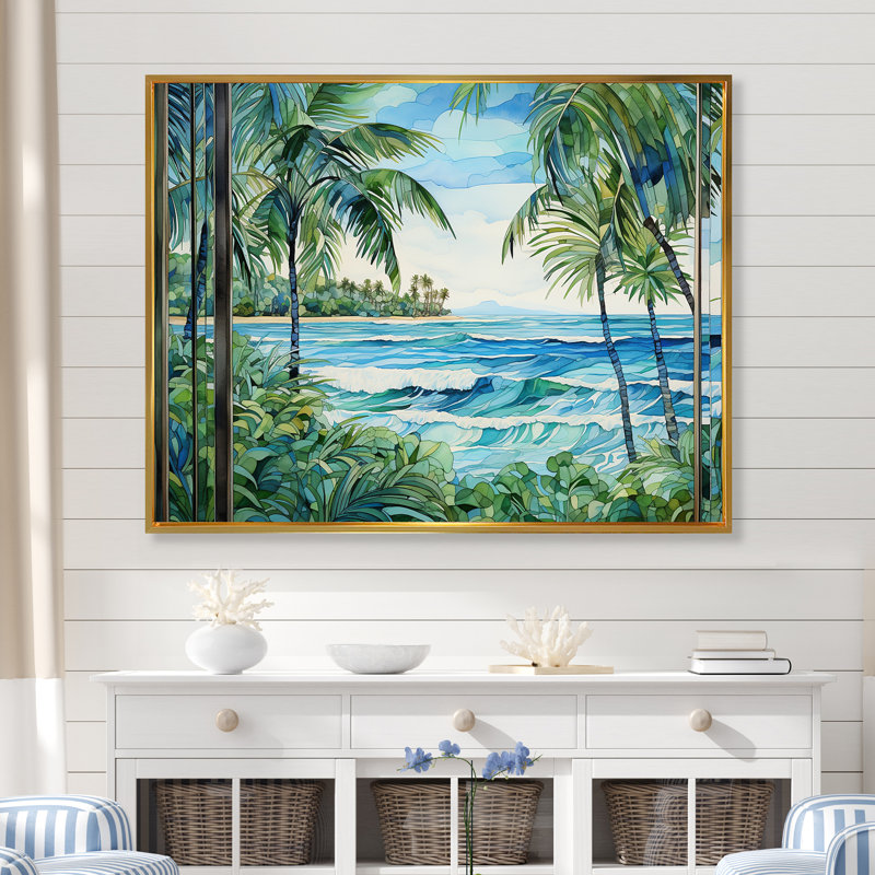 Tranquillité de plage tropicale - art mural côtier, Cadre flottant doré, H 30 po x l 40 po x P 1,5 po