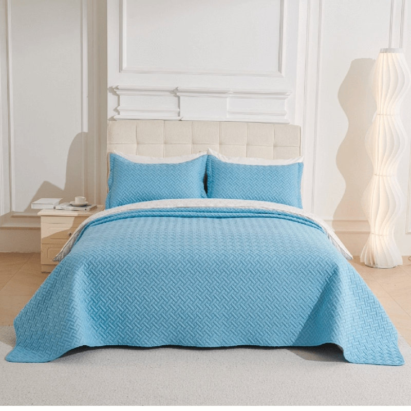 Siyana Stitched Pinsonic Reversible Bedspread Set, Blue, King Bedding Set + 2 Pillow Shams