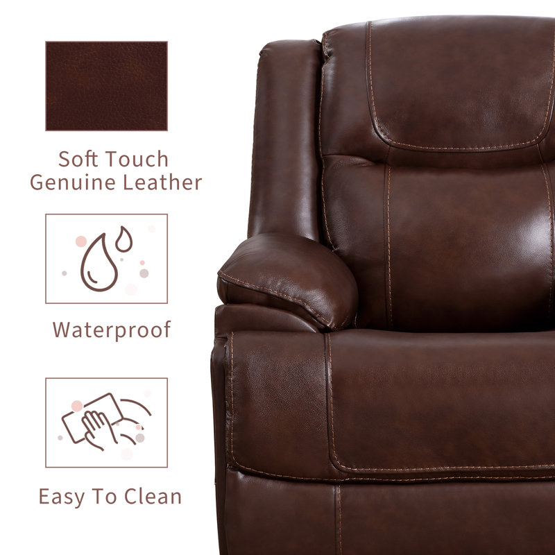 Ensemble de salon inclinable en cuir véritable de luxe 3 pièces Alverez avec porte-gobelets, rangement et massage chauffant et USB
