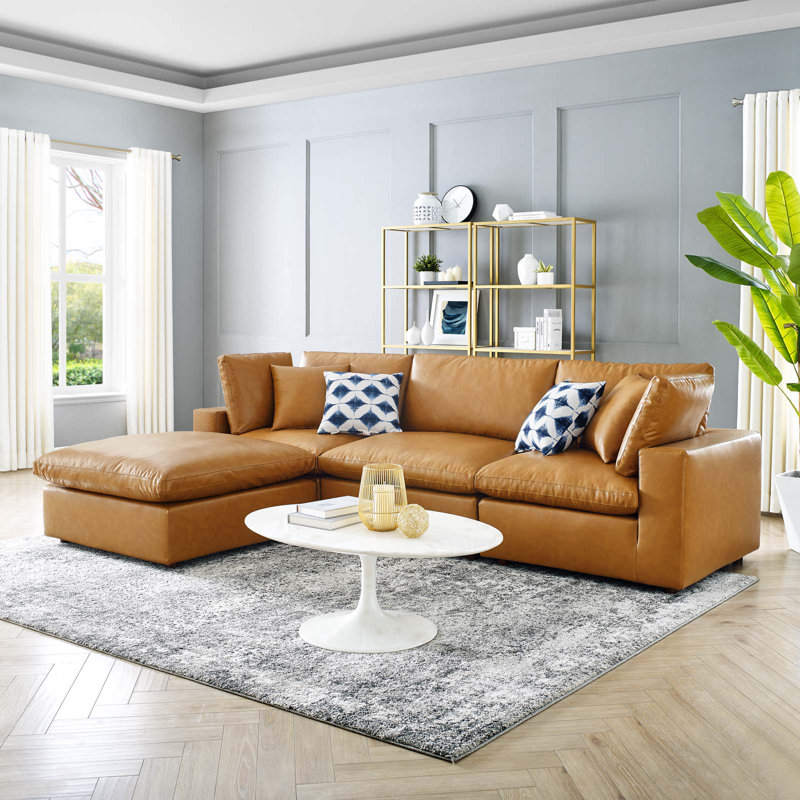 Modway Commix Down Filled Overstuffed Vegan Leather 4-Piece Sectional Sofa, Tan Faux Leather