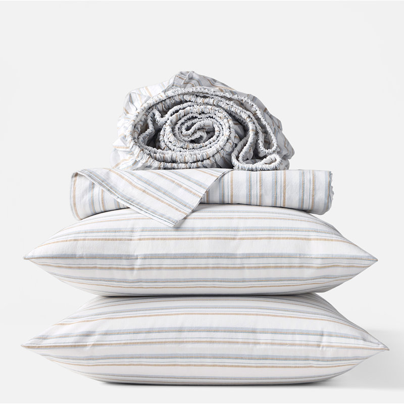 Organic Crinkled Percale Sheet Set, Queen Sheet Set with 2 Pillowcases, Surf Stripe