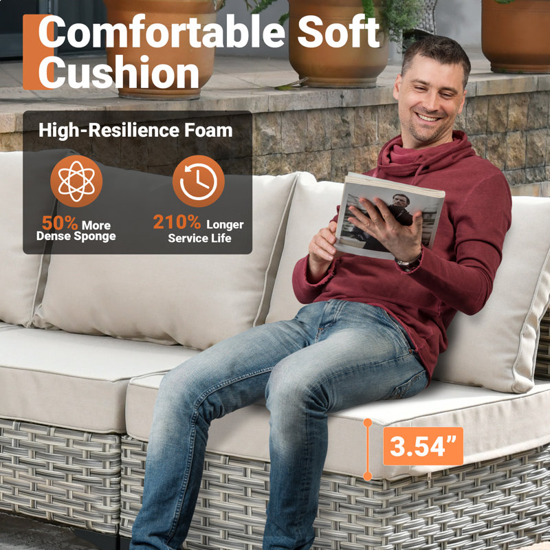 Emroy 6 - Person Outdoor Wicker Sectional Seating Group with Lighted Coffee Table and Swivel Chairs, All Weather Modular Rattan Conversation Set with Cushions