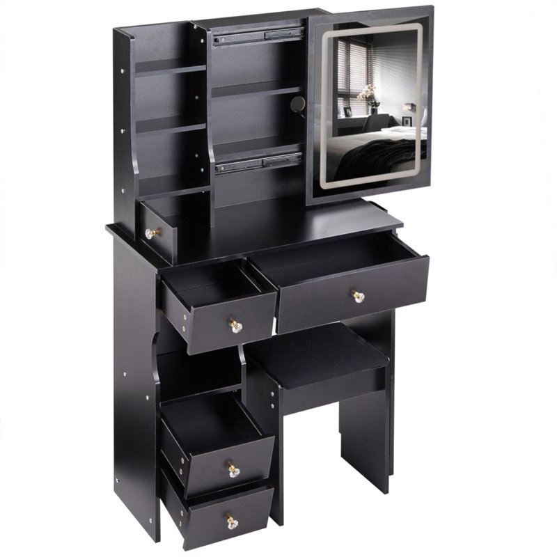 Petit meuble-lavabo de 29,2 po avec tiroir à gauche + tabouret rembourré, 2 blocs d'alimentation CA + 2 ports USB, support pour sèche-cheveux, très grand miroir coulissant à commande tactile à DEL, réglage de la luminosité tricolore, réglage de la luminosité
