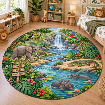 «Elephant Falls River Adventure» 6 pi x 6 pi Tapis de jeu rond pour enfant, chambre à coucher et bureau à domicile «Ultra Thin» avec envers en silicone antidérapant