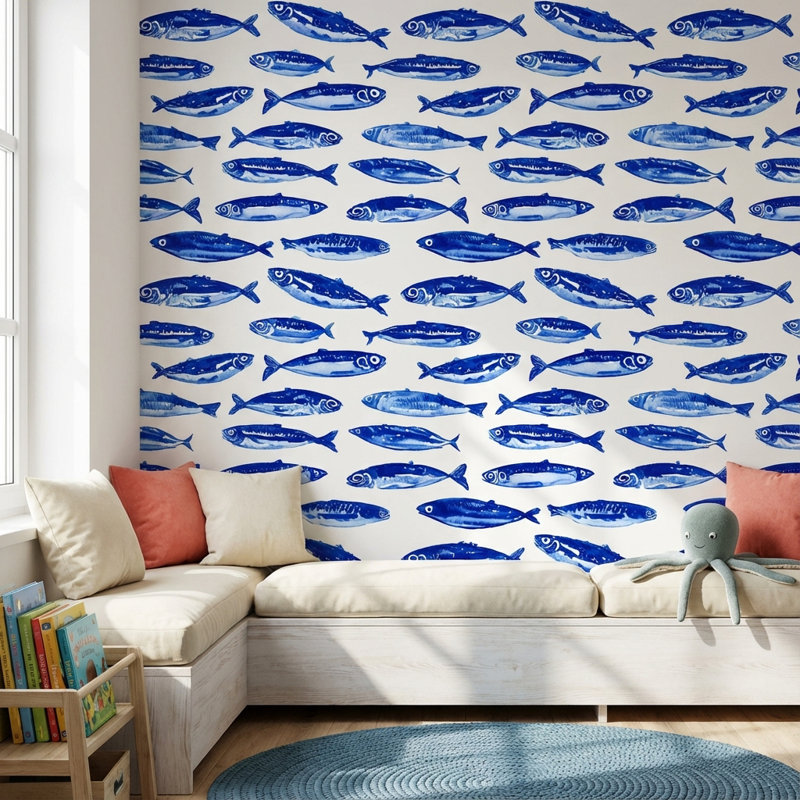 Papier peint à motif de poissons abstraits sur fond blanc, Bleu