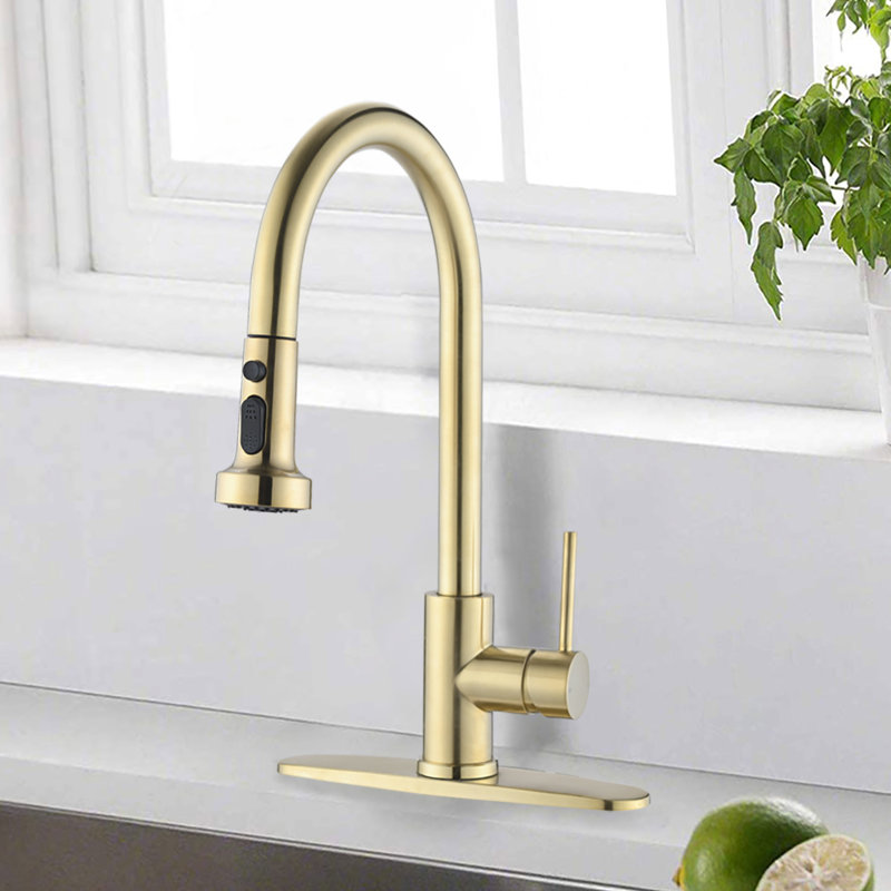 Robinet de cuisine en acier inoxydable brossé doré avec distributeur rétractable et de savon - pour les égratignures, la rouille et les taches