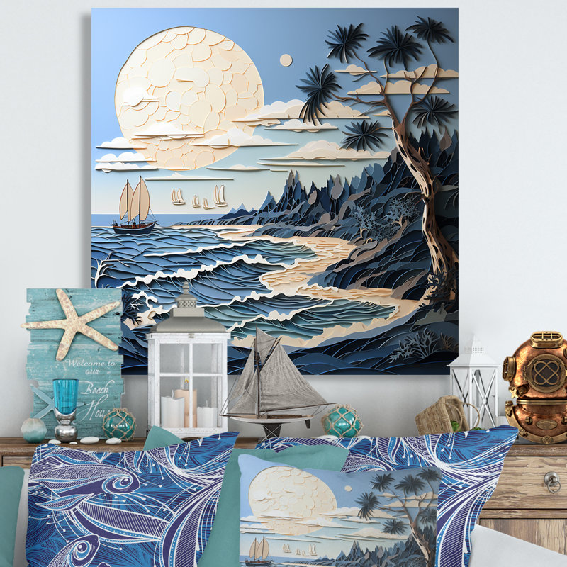 «Beach Boat Elegance Papercut I», reproduction sur toile, H 36 po x l 36 po x P 1,5 po, Toile tendue