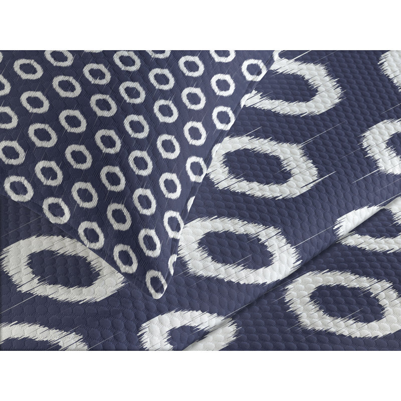Navy Blue and White Queen Bedspread Set with Shams