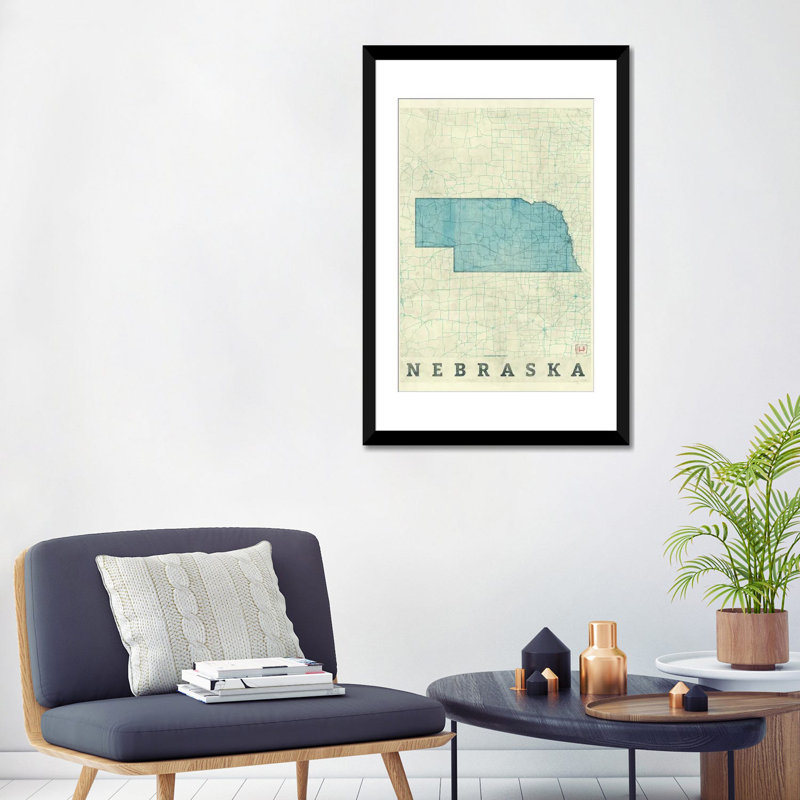 « nebraska map », impression sur toile, Papier d'art encadré noir, H 32 po x l 24 po x P 1 po, Blanc