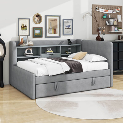 Twin Size Daybed With Pop Up Trundle,L Shaped Day Bed Frame With Storage Shelves And Charging Station