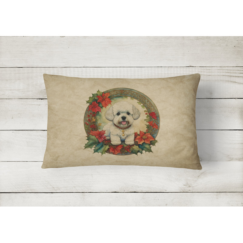 Coussin décoratif intérieur / extérieur en polyester Christmas, 12 po x 16 po, Bichon, Rectangulaire