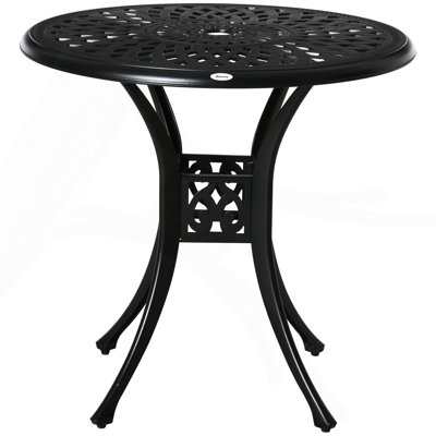 30" Round Patio Dining Table With Umbrella Hole, Antique Cast Aluminum Outdoor Bistro Table Only