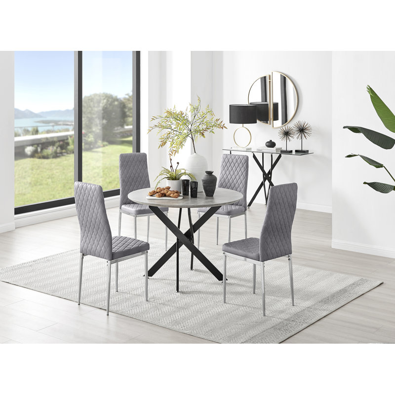 Tierra Modern Chrome Metal & Glass Round Dining Table Set with 4 Quilted Velvet Chairs, 75 x 100 x 100cm, Grey/Silver, Black