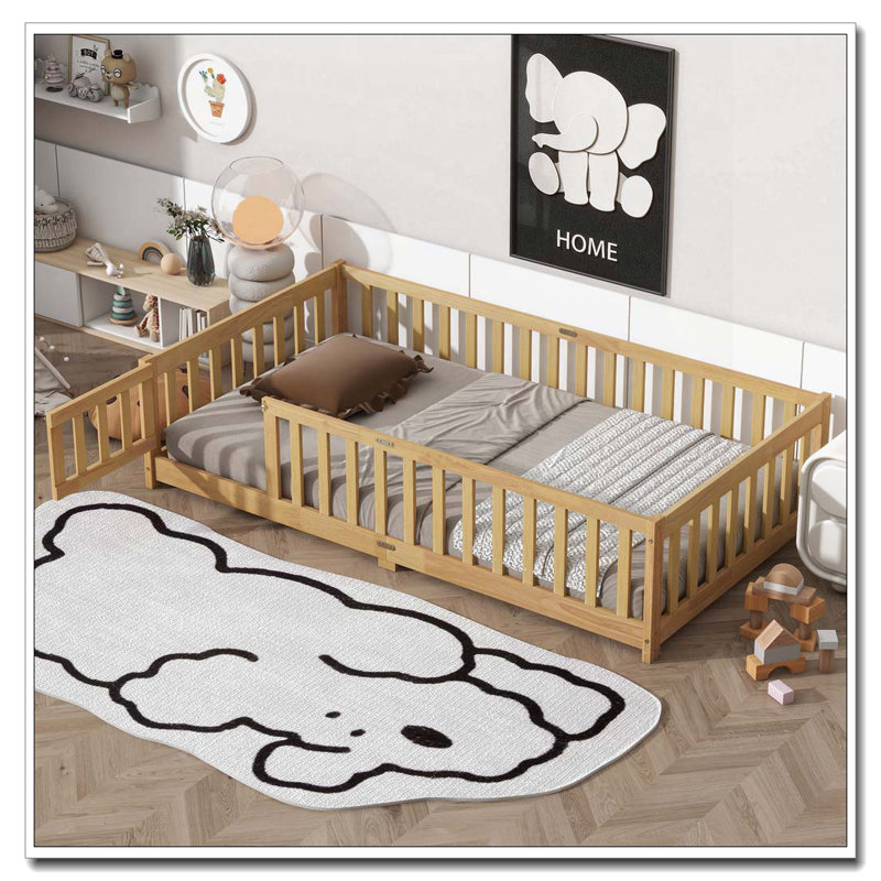 Lit en bois avec clôture et porte, Lit simple, Naturel